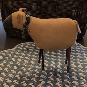 Handcrafted Primitive Tan Sheep Christmas Figurine with Wreath Collar & Bell